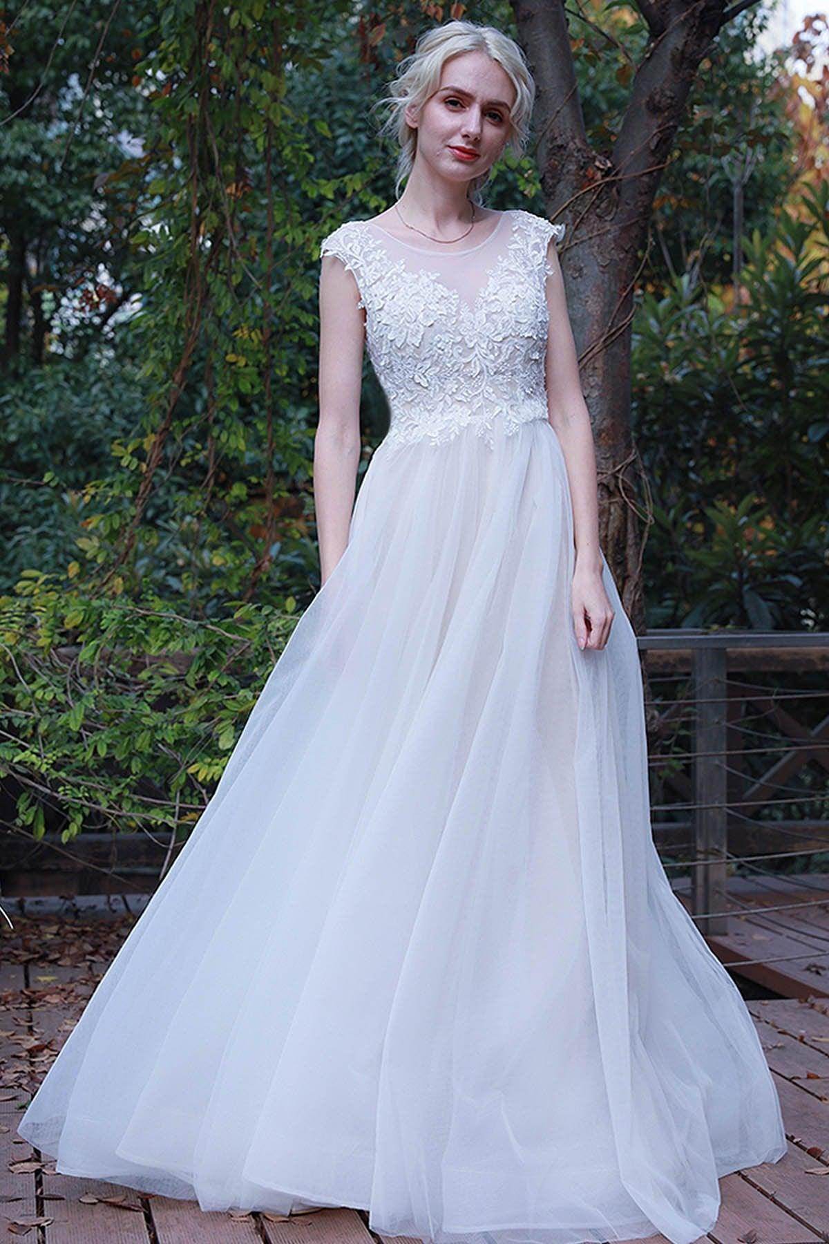 A-Line Sweep-Brush Train Lace Tulle Wedding Dress CW3017 - COCOMELODY